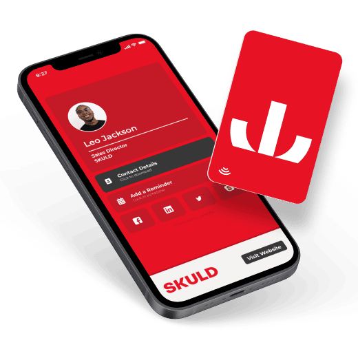 Smartphone displaying a digital business card for Leo Jackson and a red physical card with a white logo.