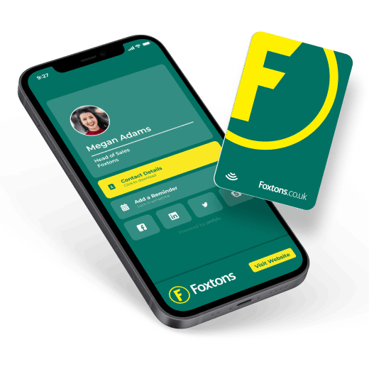 Smartphone with Megan Adams' Foxtons contact card and a yellow Foxtons card with a green 'F' logo.