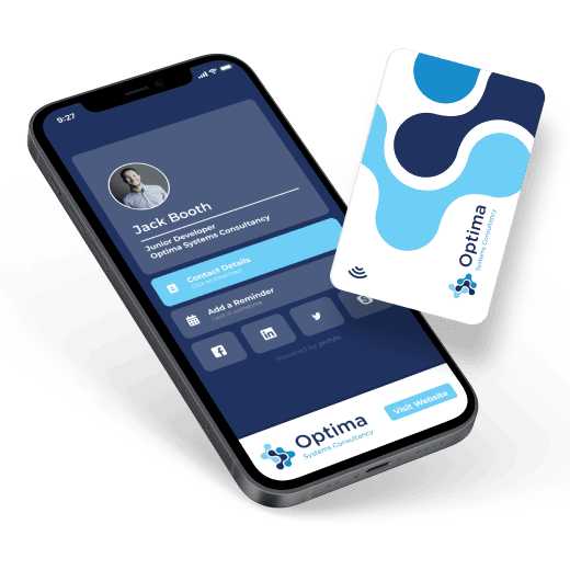 Smartphone displaying a contact profile for Jack Booth and a physical Optima card.
