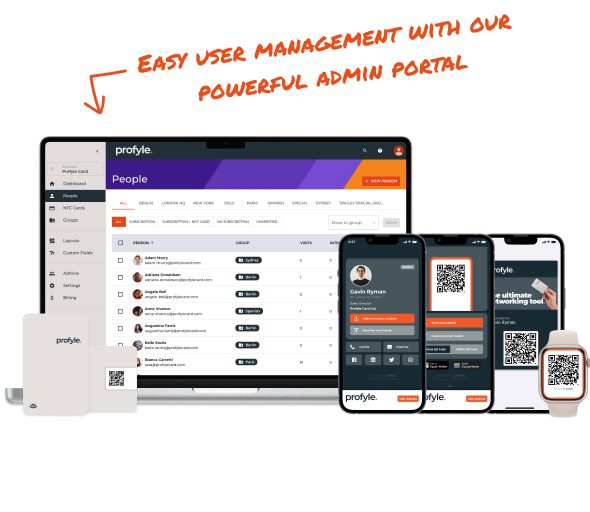 profyle admin portal on laptop, smartphones, smartwatch, and physical card, showing user management