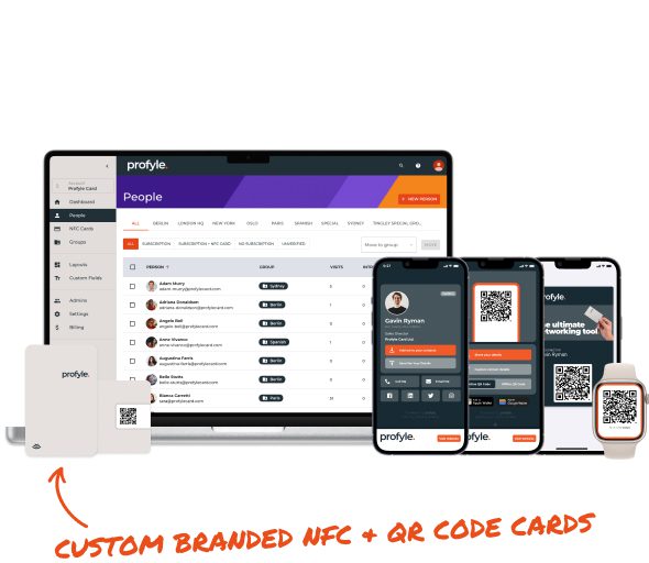 Profyle software interface on a laptop, three smartphones, a smartwatch, and two branded NFC + QR code cards.