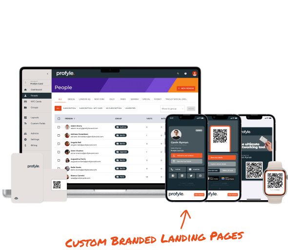 Laptop, smartphones, smartwatch, and card showing 'profyle' interfaces, profiles, and QR codes. Text: CUSTOM BRANDED LANDING
