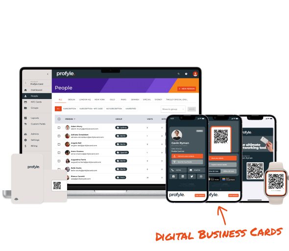 Laptop, smartphones, smartwatch, and physical cards showing digital business cards with QR codes and 'profyle' branding.