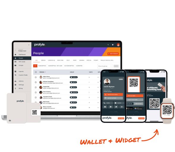 Laptop, smartphones, smartwatch, and cards displaying the Profyle app interface and QR codes