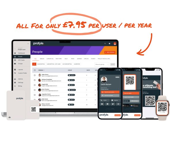 Profyle software on laptop, smartphones, smartwatch, and card, showing QR codes and pricing text: £7.95 per user/year.
