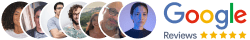 Google logo with 'Reviews' text, five yellow stars, and a row of diverse profile pictures.