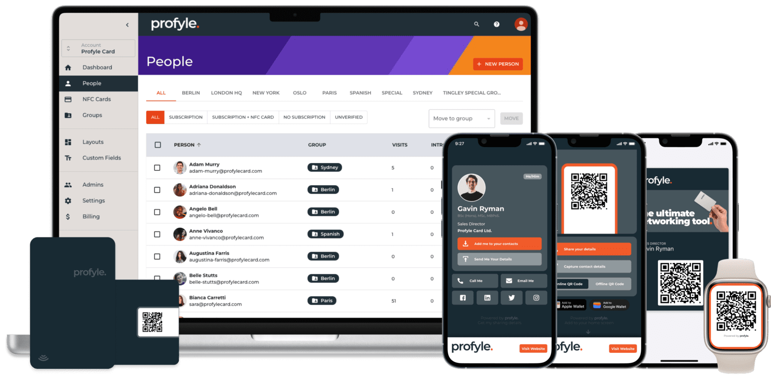 Profyle. web app on laptop, mobile apps on smartphones and watch, and physical card, all showing QR codes and branding.