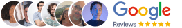 Google logo, 'Reviews' text, five yellow stars, and a row of eight diverse profile pictures.