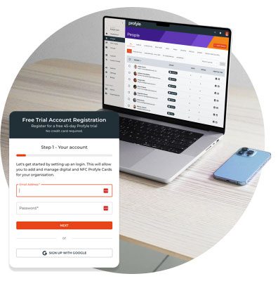 Laptop showing a dashboard with 'jemply.io' and a smartphone displaying a 'Free Trial Account Registration' form.