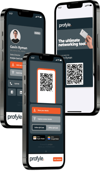 Three smartphones showing the Profyle digital business card app with profile, QR code, and networking tool screens.