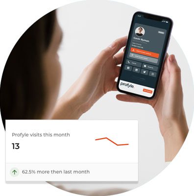 Person holding smartphone displaying a digital profile and analytics showing 'Profyle visits this month 13'