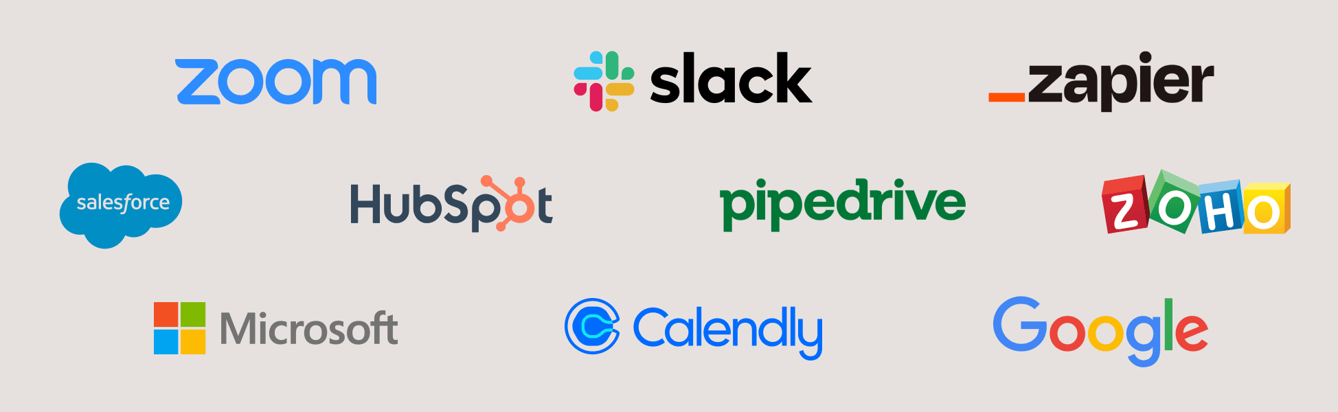 Logos for Zoom, Slack, Zapier, Salesforce, HubSpot, Pipedrive, Zoho, Microsoft, Calendly, and Google.