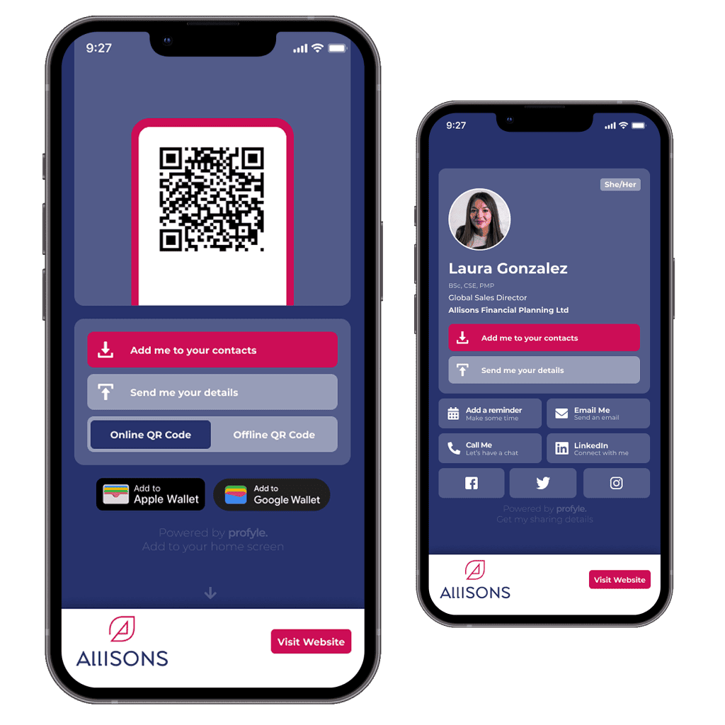 A digital business card for Allisons. Made with Profyle.