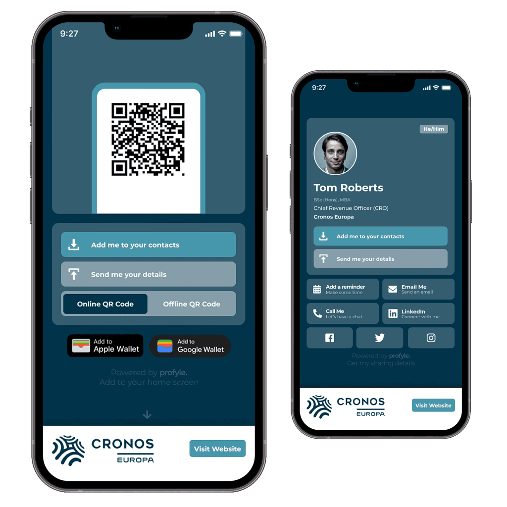 A digital business card with a QR code for Cronos Europa