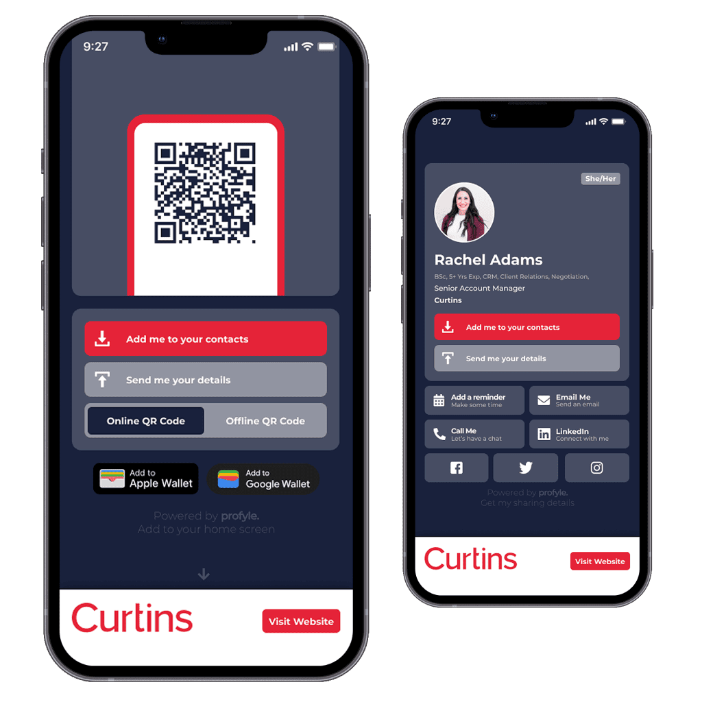 Two smartphones displaying digital business cards. One shows a QR code, the other Rachel Adams' contact details.