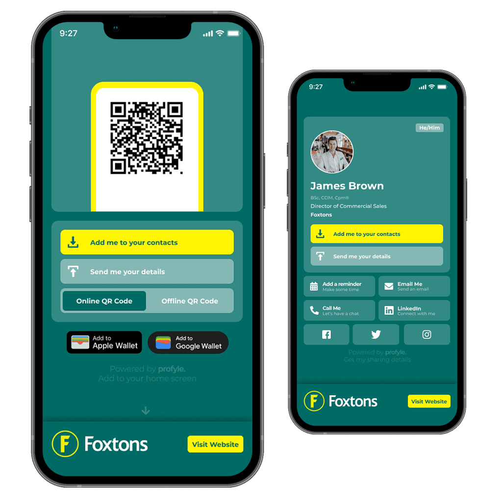 A digital business card with a QR code from Foxton.