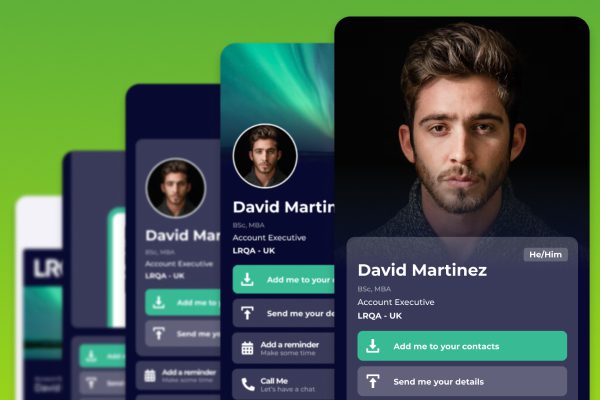 Mobile app screens showing a profile for David Martinez with contact options.