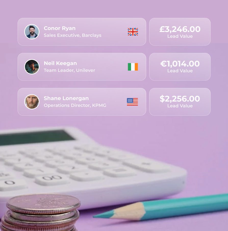 Three profile cards showing names, titles, flags, and lead values, with a calculator, coins, and pencil.
