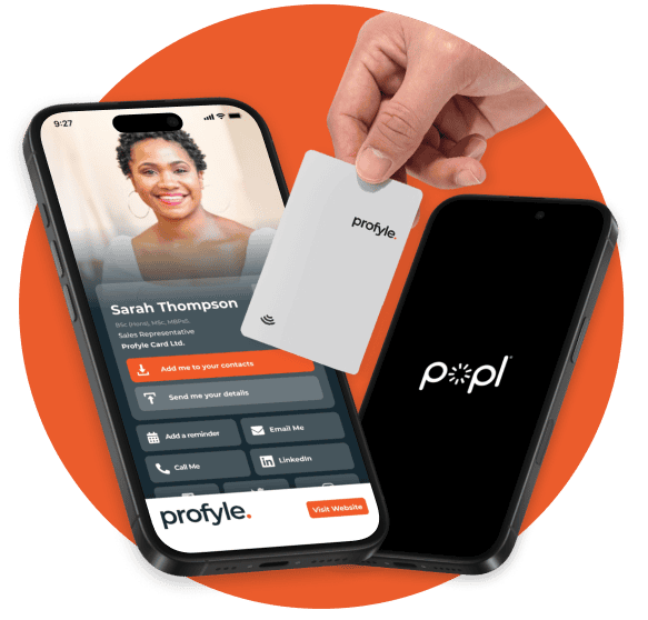 A hand holds a Profyle card between two smartphones. One shows a Profyle profile, the other a Popl logo.