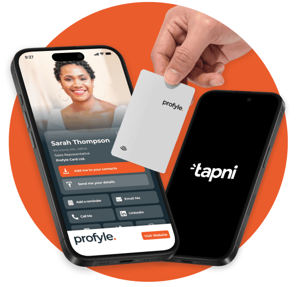 Two smartphones displaying "Profyle" and "Tapni" interfaces, with a hand holding a "Profyle" card.