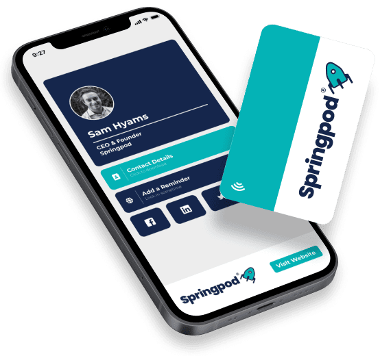 Smartphone showing Sam Hyams' digital business card with Springpod branding, next to a physical Springpod card.