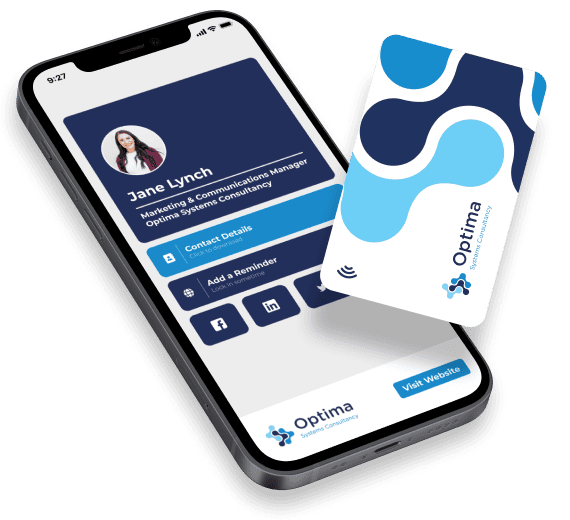 Smartphone displaying a profile for Jane Lynch, Marketing & Communications Manager for Optima Systems Consultancy, next to