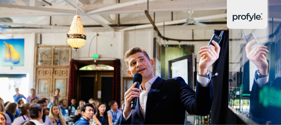 a speaker at a trade show
