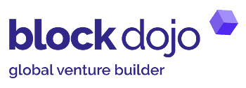 Block Dojo logo with 'global venture builder' text and a purple 3D hexagonal cube