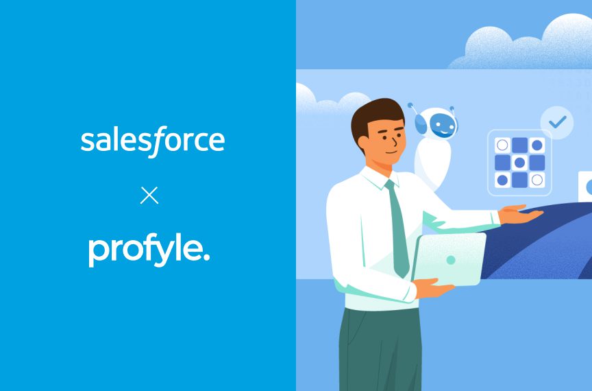 Salesforce x Profyle text, illustrated man with laptop, robot, and data elements.