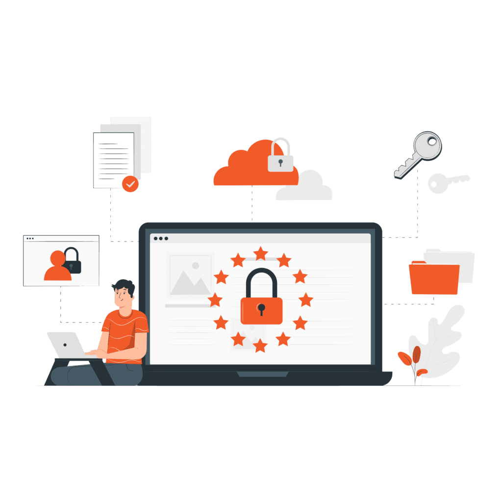 Person with laptop showing a padlock surrounded by stars, connected to icons for files, cloud storage, keys, and user data.