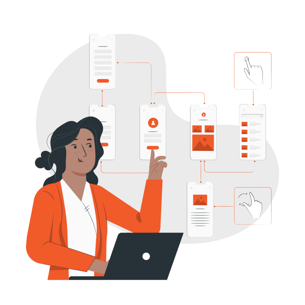 Woman with laptop points at interconnected mobile app screens illustrating user interface design flow.