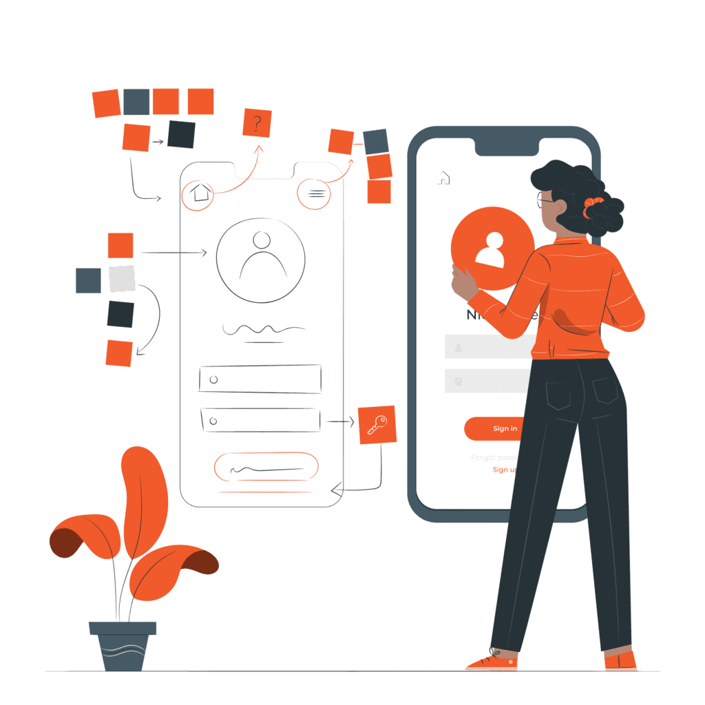 Person prototyping a mobile app interface with wireframes and a login screen, surrounded by design elements.