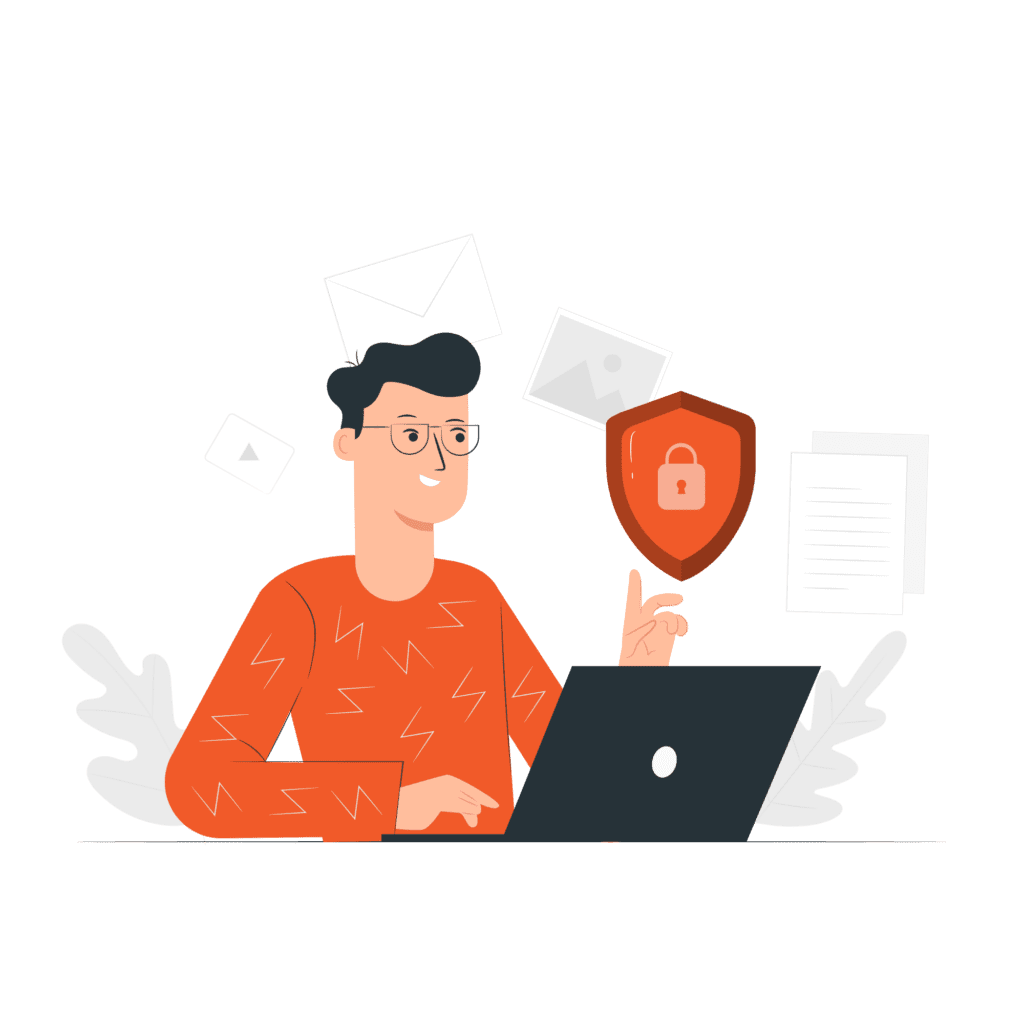 Person using laptop with a shield and padlock icon, surrounded by secure data icons