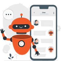 An orange robot with a hexagonal screen on its body waves next to a smartphone displaying a chat interface.