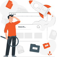 Man with magnifying glass looking at a search bar, with a rocket flying above and various document icons around.