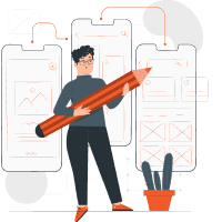 Person holding a large pencil designing custom layouts on multiple mobile phone screens