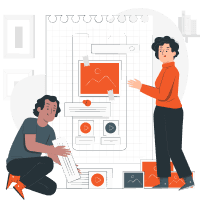 Two people collaborating on a mobile app design wireframe with orange elements