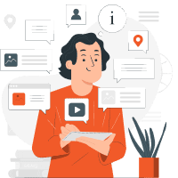 Stylized person holding a tablet surrounded by speech bubbles, location pins, user, info, image, and video icons.