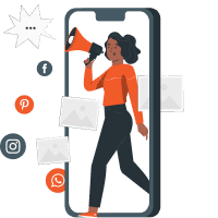 Woman with megaphone inside a smartphone, surrounded by social media icons and image placeholders.