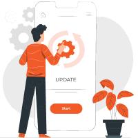 A person next to a smartphone with "UPDATE" and a refresh icon on the screen.