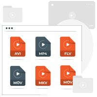 Browser window displaying six video file icons: AVI, MP4, FLV, MOV, MKV, MOV.