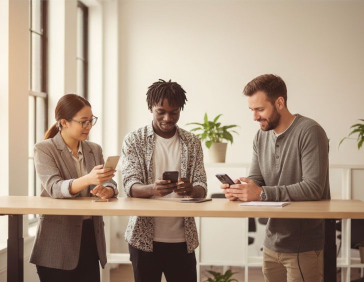 Three diverse people standing at a table, looking at their smartphones