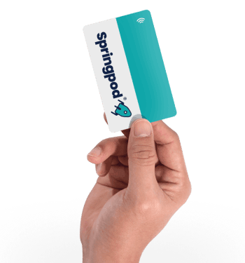Hand holding a white and teal Springpod card with a rocket logo and Wi-Fi symbol