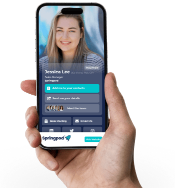 Smartphone displaying a digital business card for Jessica Lee, Sales Manager at Springpod, with contact options.