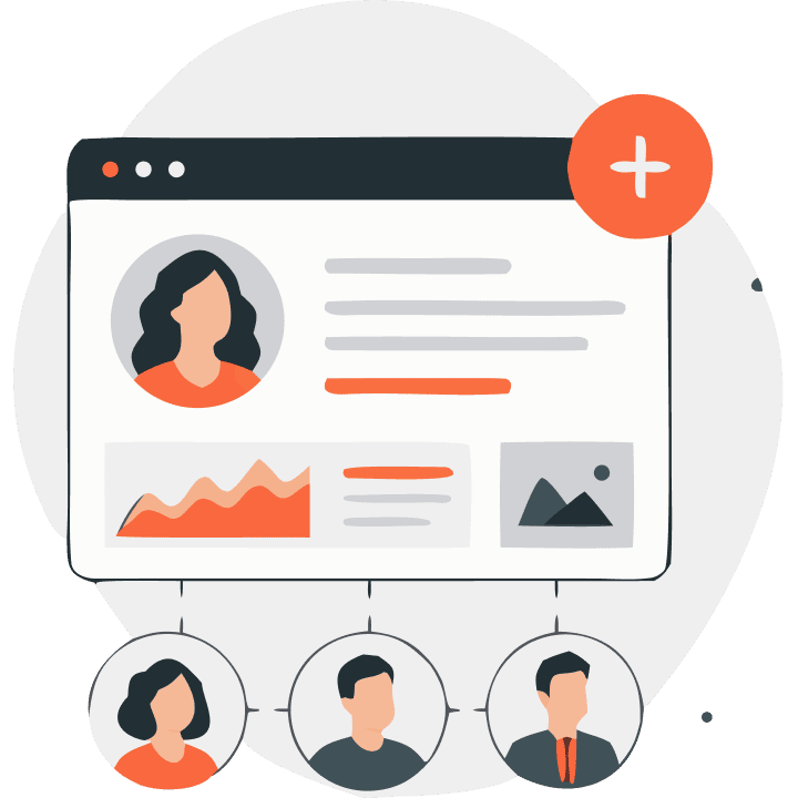 Web browser showing a profile page with an avatar, content, and a graph, connected to three user avatars.