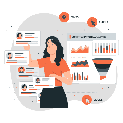 Woman interacting with a data tracking dashboard showing user profiles, charts, views, and clicks.