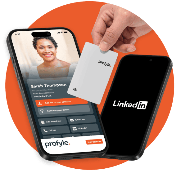Profyle app profile with contact details on a smartphone, a 'profyle' card, and a smartphone displaying the LinkedIn logo.