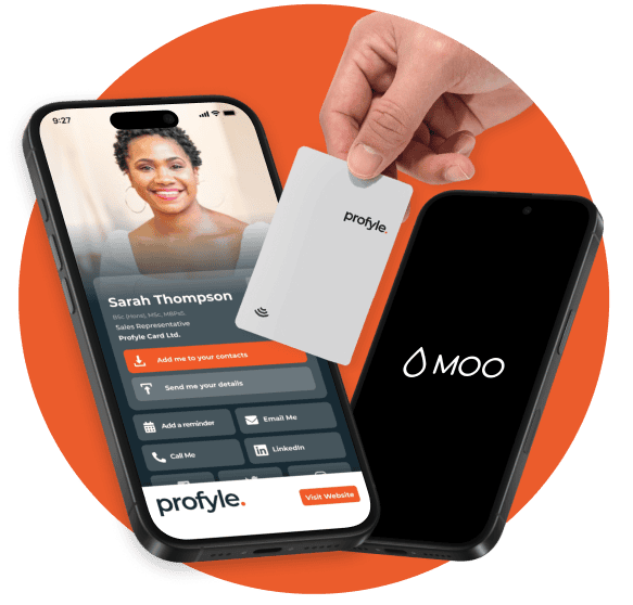 Profyle digital business card app on a smartphone, a Profyle physical card, and a smartphone displaying the MOO logo.