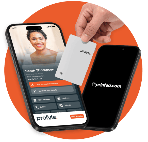 Profyle digital business card UI on a phone, Profyle card, and Printed.com logo on a second phone