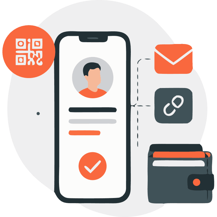 Smartphone displaying a profile, with a QR code, email, link, and wallet icons around it, connected by dashed lines.